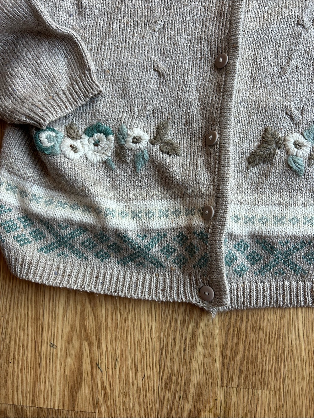 Vintage Cozy Taupe Floral Embroidered Cardigan Sweater - Picture 3 of 7